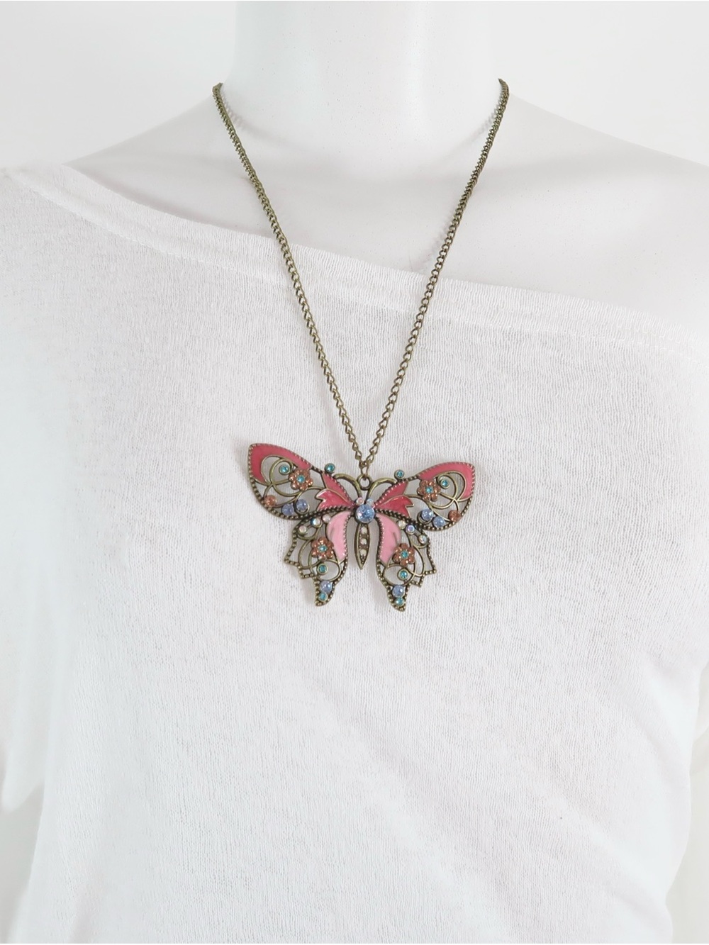 Vintage-Style Pink Butterfly Pendant Necklace